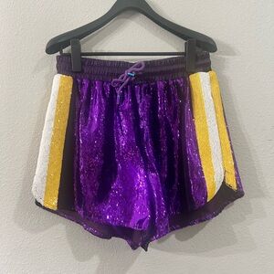 BRAND NEW • QUEEN OF SPARKLES • QOS • PURPLE GOLD WHITE SEQUINS SHORTS • SIZE S